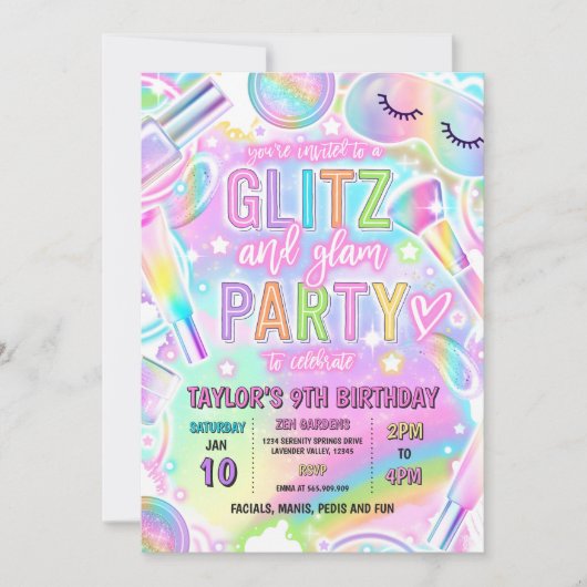 Rainbow Spa Party Glow Makeup Pamper Birthday 招待状 (正面)