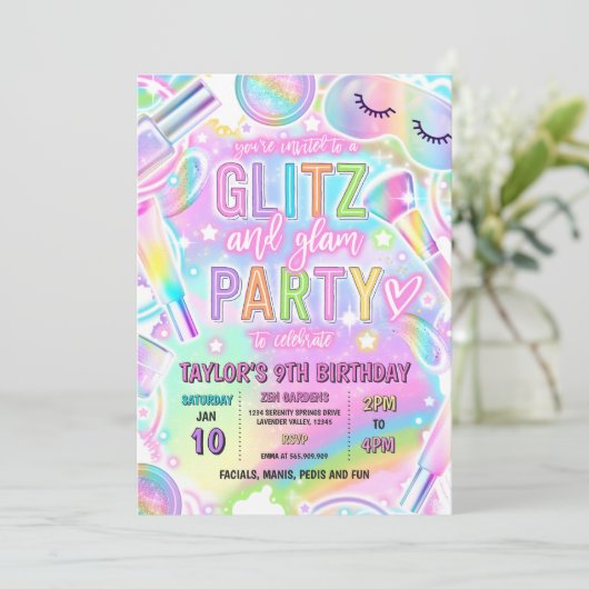 Rainbow Spa Party Glow Makeup Pamper Birthday 招待状 (スタンド正面)