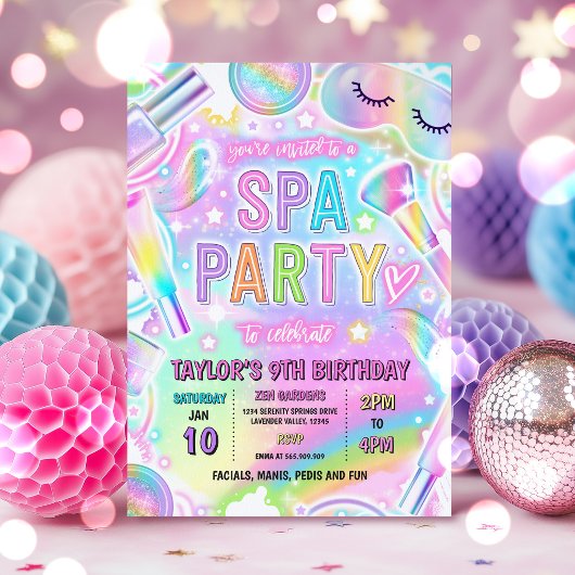 Rainbow Spa Party Glow Makeup Pamper Birthday 招待状
