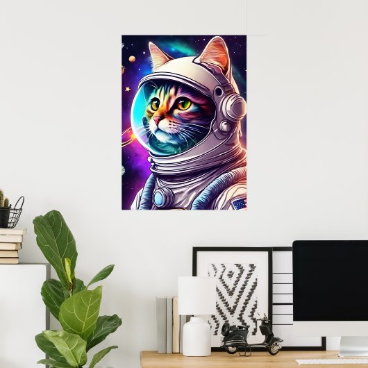 Rainbow Space Cat Astronaut Art Print Poster ポスター (ホームオフィス)