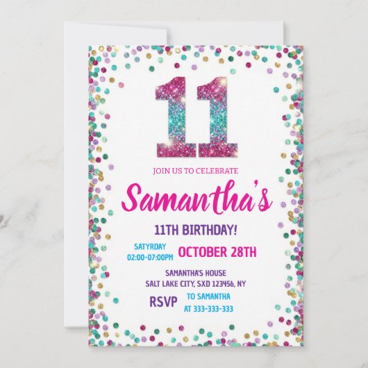 Rainbow Sparkle Glitter 11th Birthday Party  招待状 (正面)