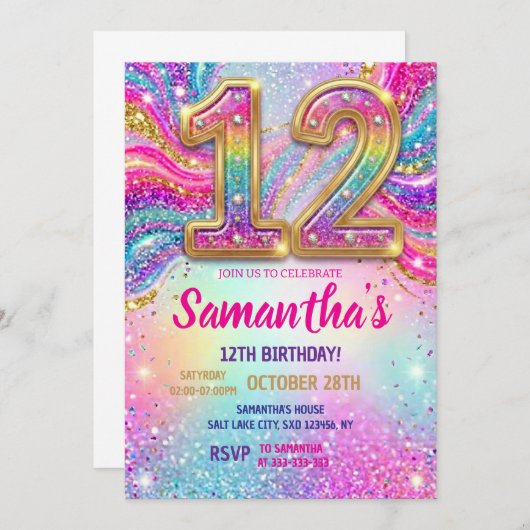 Rainbow Sparkle Glitter 12th Birthday Party 招待状 (正面/裏面)