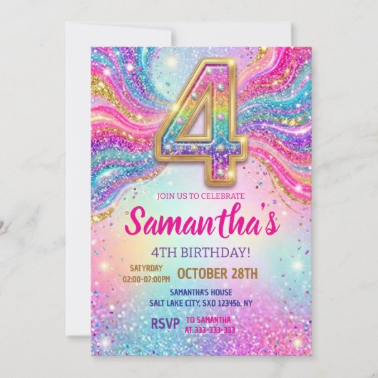 Rainbow Sparkle Glitter 4th Birthday Party 招待状 (正面)