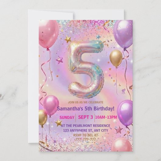 Rainbow Sparkle Glitter 5th Birthday Party 招待状 (正面)