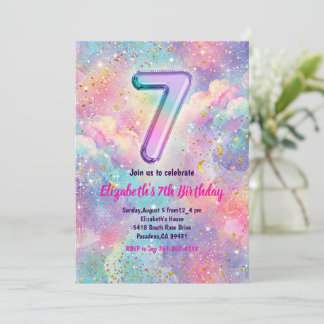 Rainbow Sparkle Glitter 7th Birthday Party 招待状