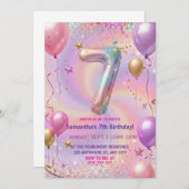 Rainbow Sparkle Glitter 7th Birthday Party 招待状 (正面/裏面)