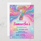 Rainbow Sparkle Glitter 7th Birthday Party 招待状 (正面/裏面)