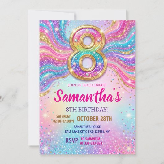 Rainbow Sparkle Glitter 8th Birthday Party 招待状 (正面)