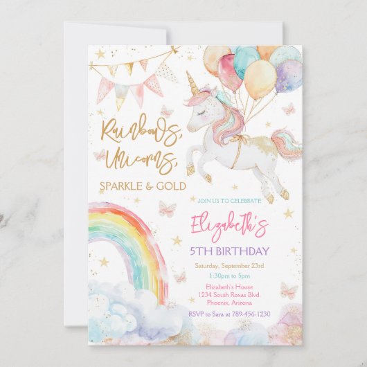 Rainbow Sparkle Unicorn Birthday Invitation 招待状 (正面)
