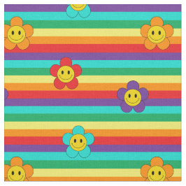 Rainbow Stripes and Hippie Flowers Pattern ファブリック