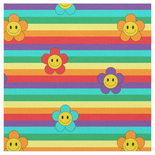 Rainbow Stripes and Hippie Flowers Pattern ファブリック (クローズアップ)