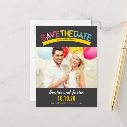 Rainbow Summer Photoカラフル Save The Date 案内ポストカード (正面/裏面インサイチュ)