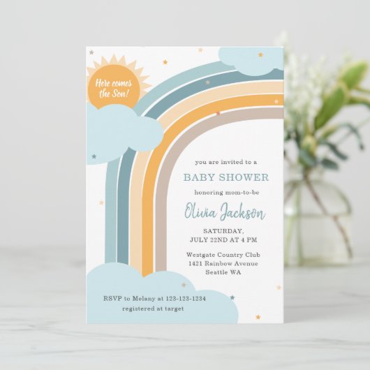 Rainbow, Sun and Clouds Baby shower invitation 招待状 (スタンド正面)