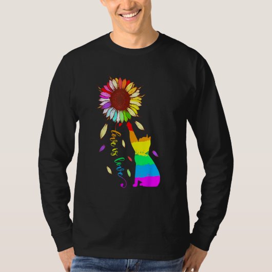 Rainbow Sunflower Cat Love Is Love LGBT Gay Lesbia Tシャツ (正面)