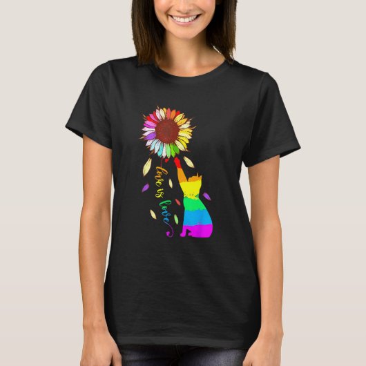 Rainbow Sunflower Cat Love Is Love LGBT Gay Lesbia Tシャツ (正面)