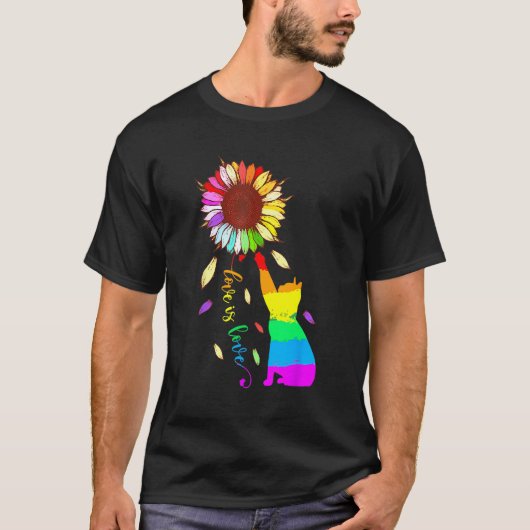 Rainbow Sunflower Cat Love Is Love LGBT Gay Lesbia Tシャツ (正面)