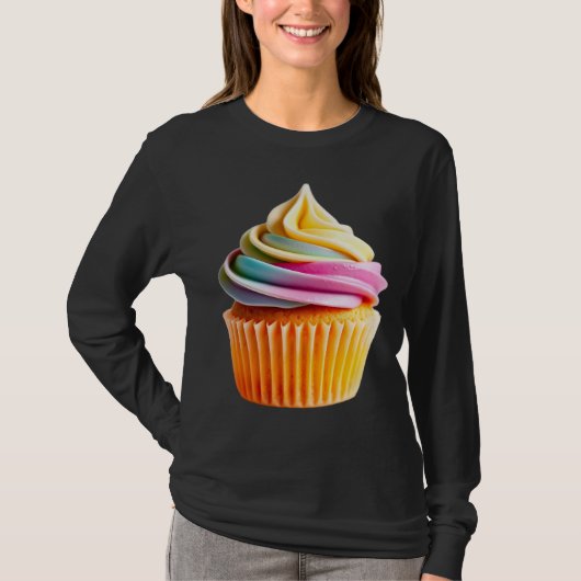 Rainbow Swirl Cupcake with Colorful Wrapper Tシャツ (正面)