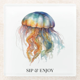 Rainbow Tides Jellyfish: Watercolor Art  ガラスコースター