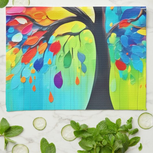 Rainbow Tree of Life Painting キッチンタオル (折り畳み)