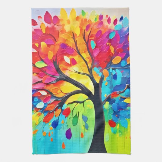 Rainbow Tree of Life Painting キッチンタオル (縦)
