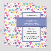 Rainbow Triangles 1st Birthday Party Purple 招待状 (正面/裏面)