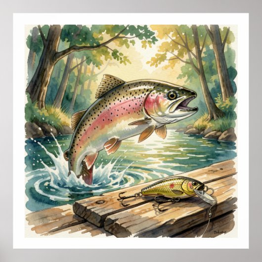 Rainbow trout jumping in forest stream watercolor ポスター (正面)