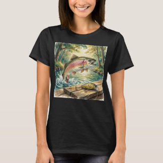 Rainbow trout jumping in forest stream watercolor tシャツ