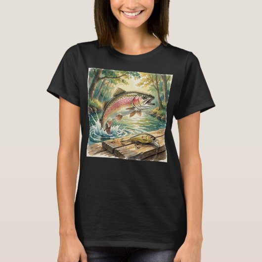 Rainbow trout jumping in forest stream watercolor tシャツ (正面)