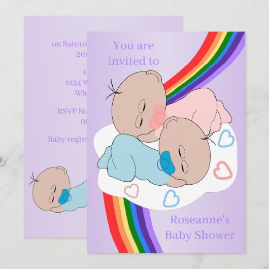 Rainbow Twin Baby Girl And Boy Baby Shower 招待状 (正面/裏面)