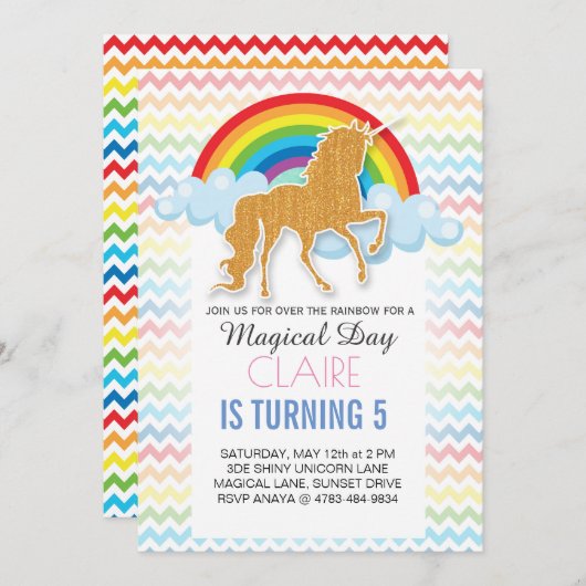 Rainbow Unicorn招待状誕生日パーティー 招待状 (正面/裏面)