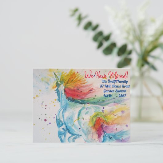 Rainbow Unicorn新しい住所はがき移動 ポストカード (スタンド正面)