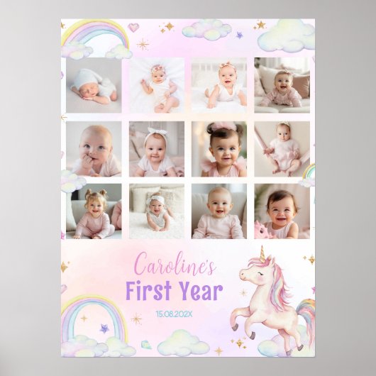 Rainbow Unicorn 1年目のフォトマイルストーンサイン ポスター (正面)
