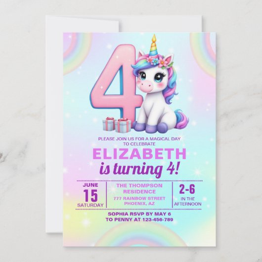 Rainbow Unicorn 4th Birthday for Girls” 招待状 (正面)