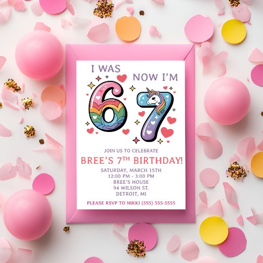 Rainbow Unicorn 67 Themed 7th Birthday Party 招待状
