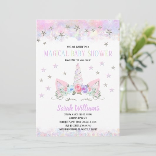 Rainbow Unicorn Baby Shower Invitation 招待状 (スタンド正面)