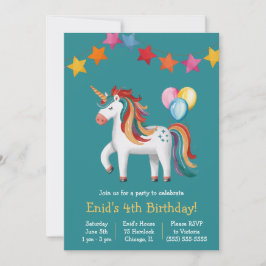 Rainbow Unicorn, Balloons & Banner Birthday Party 招待状