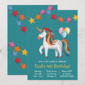 Rainbow Unicorn, Balloons & Banner Birthday Party 招待状 (正面/裏面)