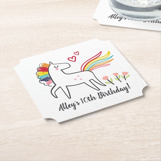 Rainbow Unicorn Birthday Custom Name ペーパーコースター (アングル)