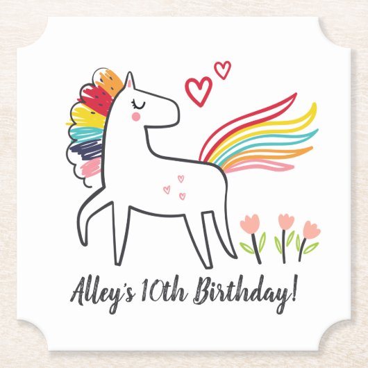 Rainbow Unicorn Birthday Custom Name ペーパーコースター (正面)