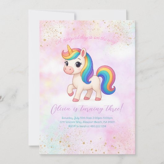 Rainbow Unicorn Birthday Party Invitation 招待状 (正面)