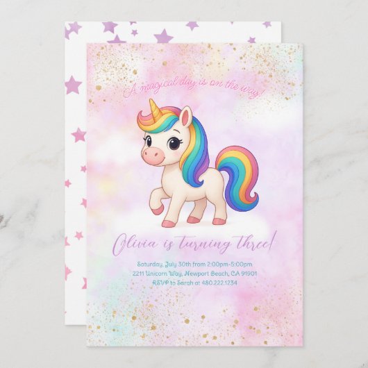Rainbow Unicorn Birthday Party Invitation 招待状 (正面/裏面)