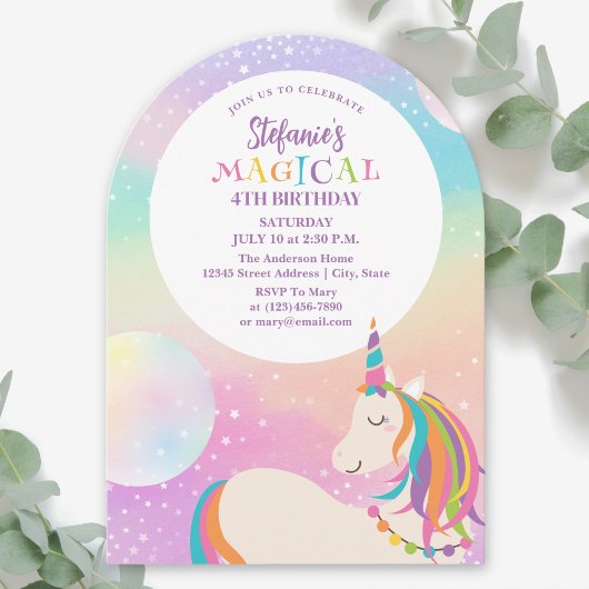 Rainbow Unicorn Girl Magical Birthday Party 招待状