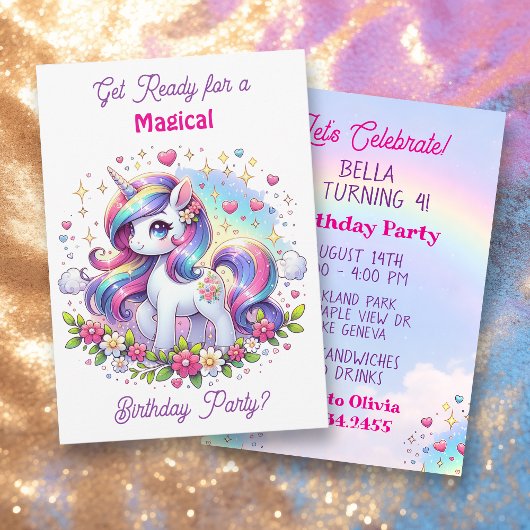Rainbow Unicorn Girl's Birthday Party 招待状
