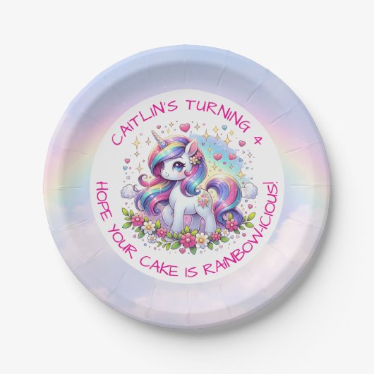Rainbow Unicorn Girl's Birthday Party Personalized ペーパープレート (正面)