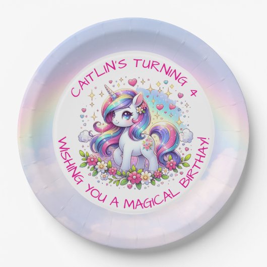 Rainbow Unicorn Girl's Birthday Party Personalized ペーパープレート (正面)