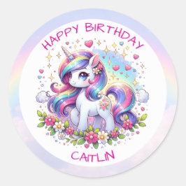 Rainbow Unicorn Girl's Birthday Party Personalized ラウンドシール