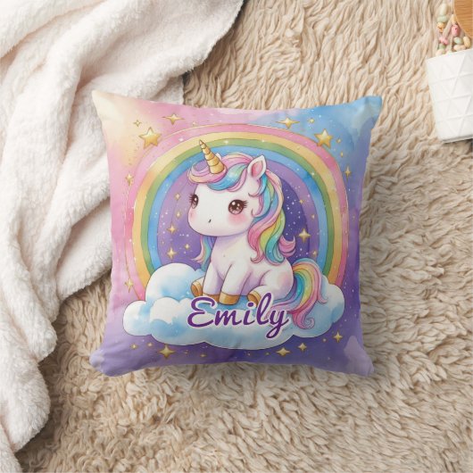 Rainbow Unicorn on Cloud編集可能な名前枕 クッション (ブランケット)