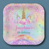 Rainbow Unicorn pink aqua birthday square ペーパープレート