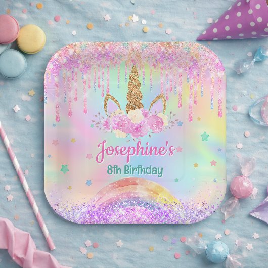 Rainbow Unicorn pink aqua birthday square ペーパープレート