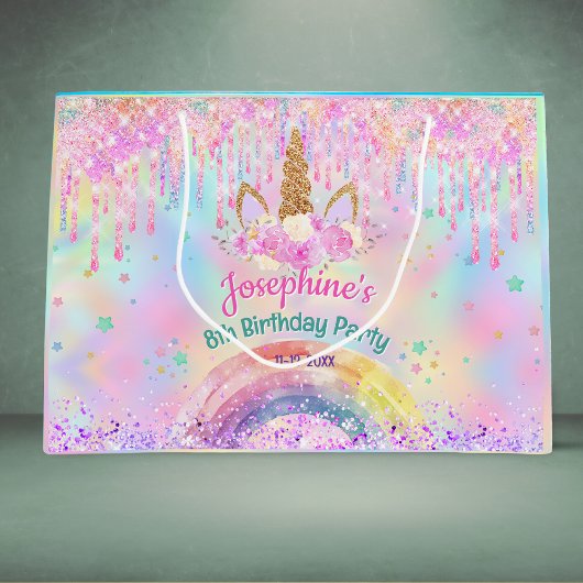 Rainbow Unicorn pink drips birthday  ラージペーパーバッグ
